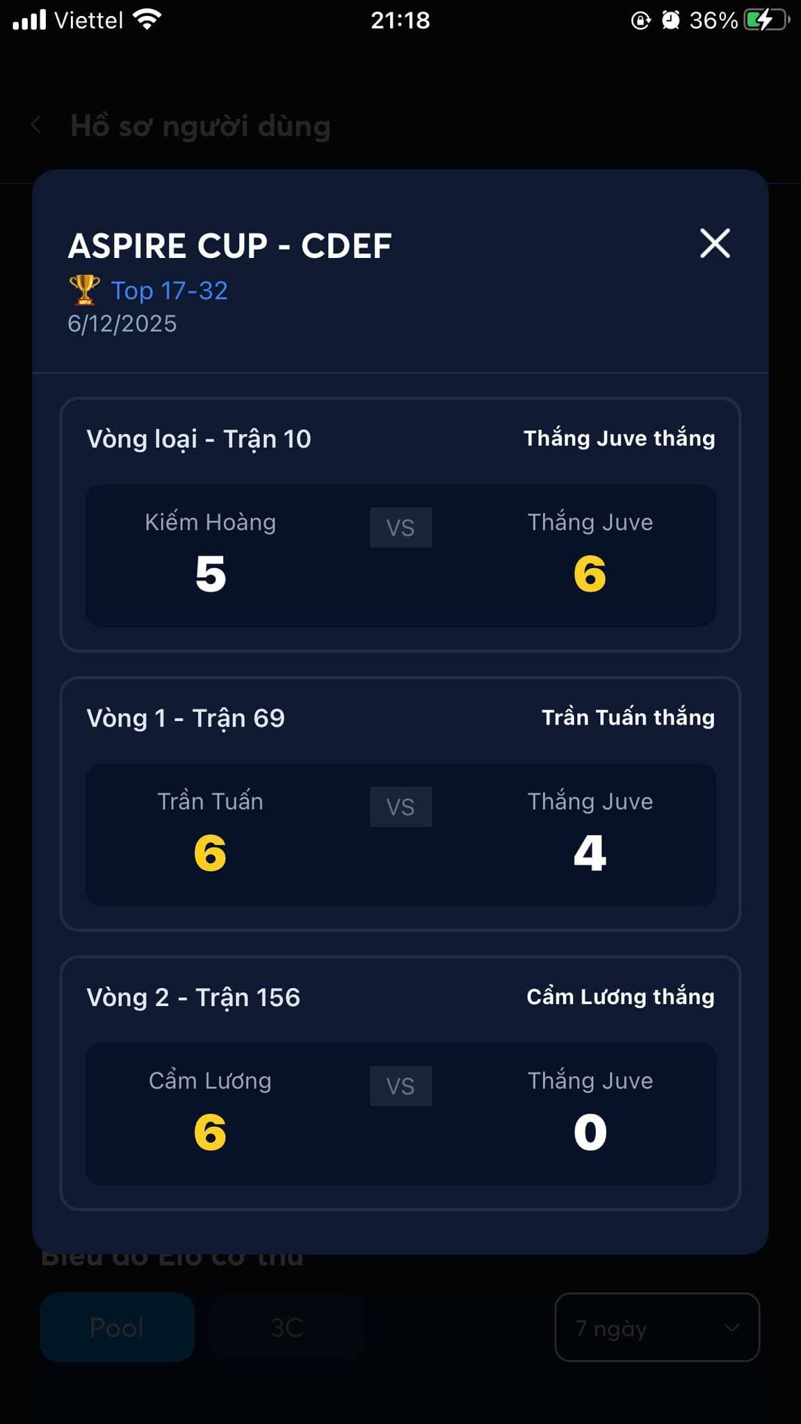 Arena App — lịch sử trận đấu giải