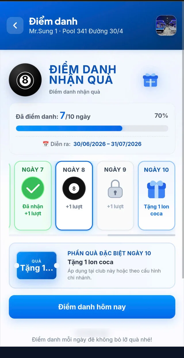 Khách điểm danh mỗi ngày nhận quà qua web QR